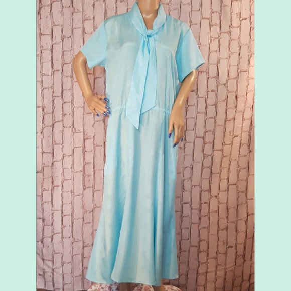 Vintage 1980 Blue Satiny Plus Size Homemade Dress - Picture 1 of 3